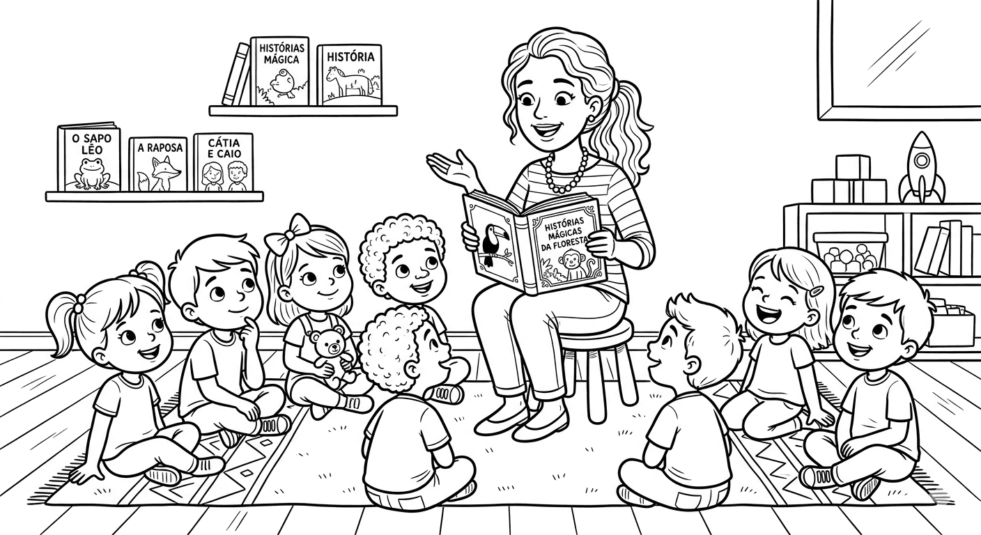 Professora lendo histórias para colorir