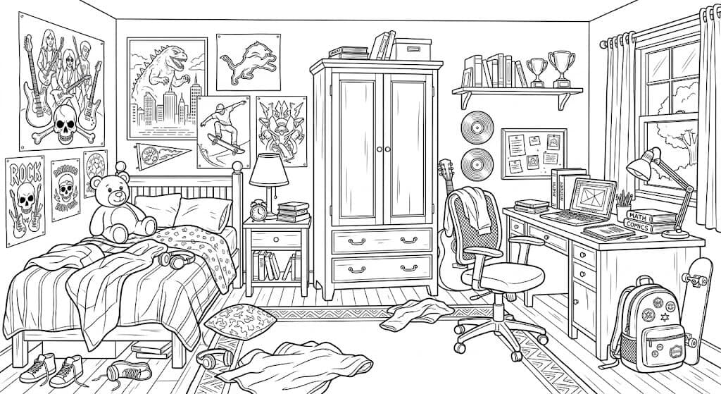 Quarto de adolescente detalhado para colorir