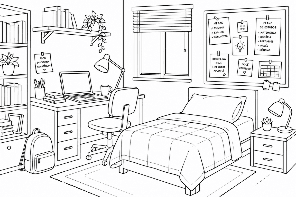 Quarto de estudante para colorir