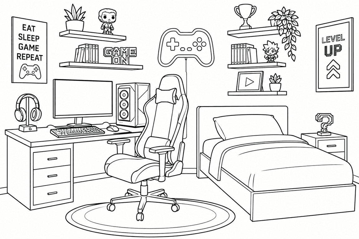 Quarto gamer para colorir