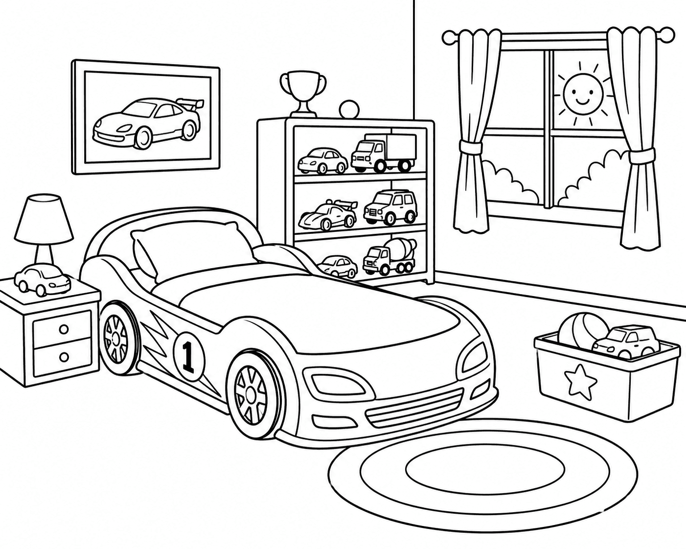 Quarto infantil com cama de carro para colorir