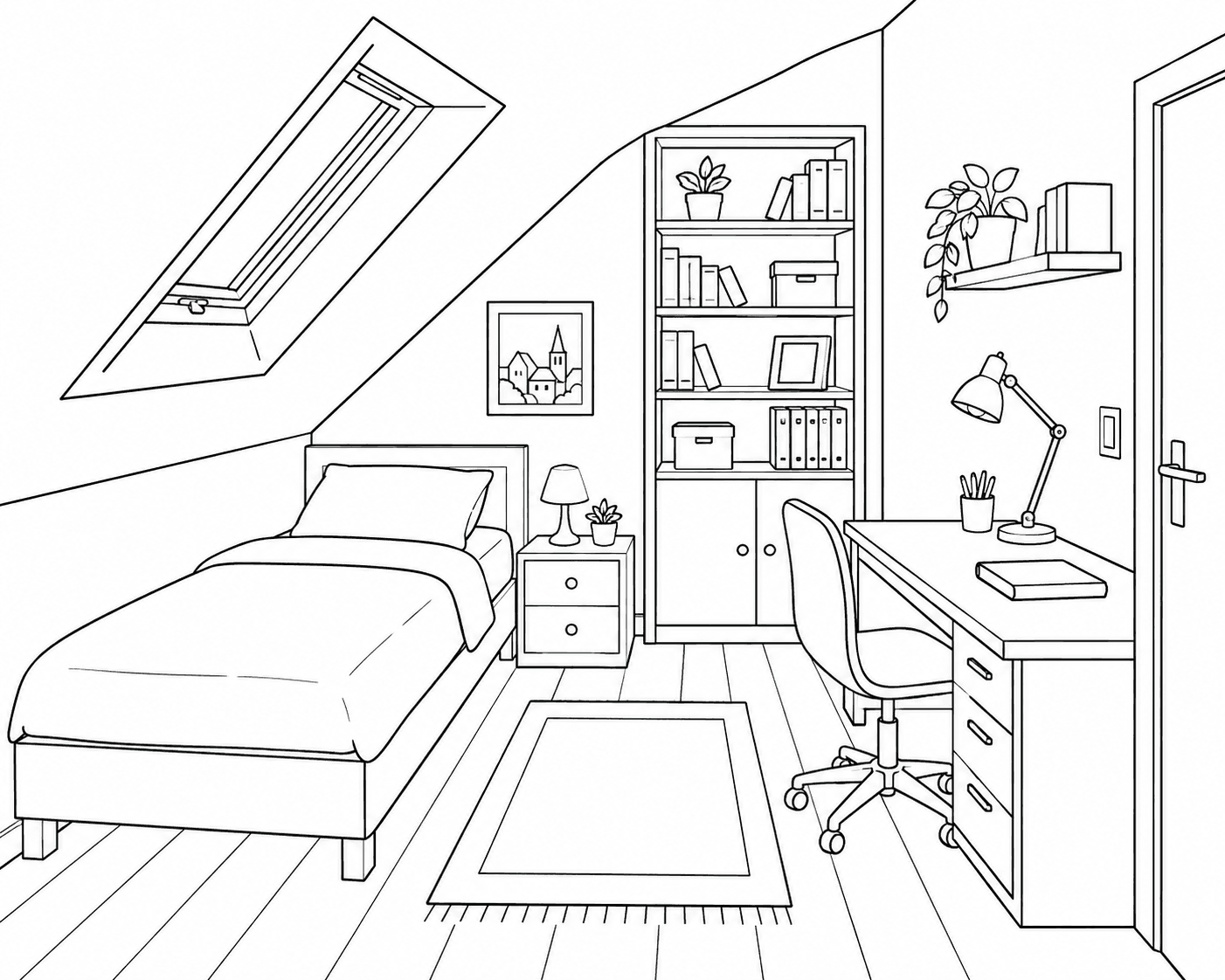 Quarto sob telhado inclinado para colorir