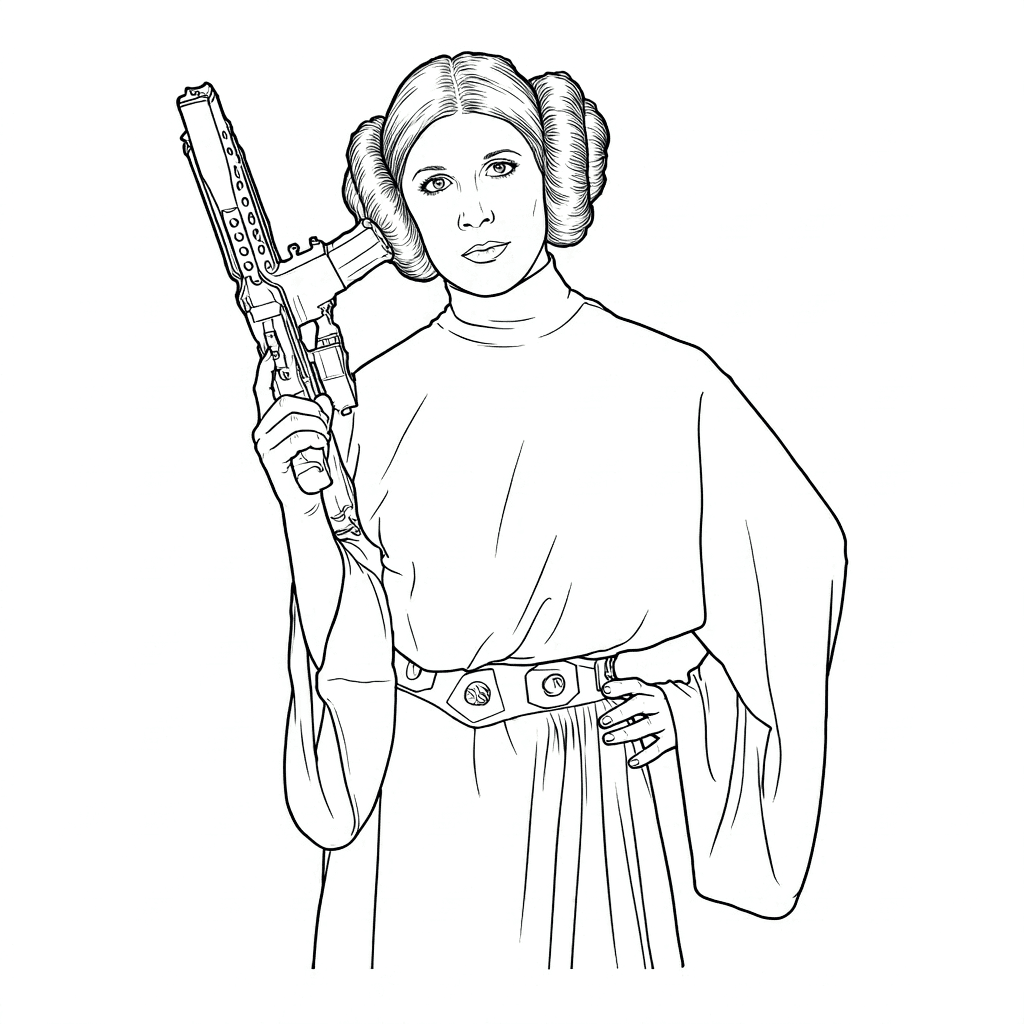Princesa Leia com blaster para colorir
