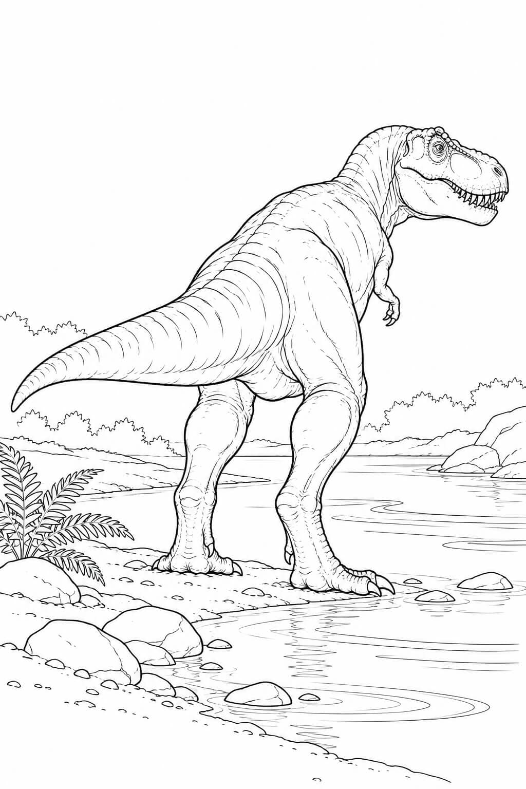 Tiranossauro rex realista no rio para colorir