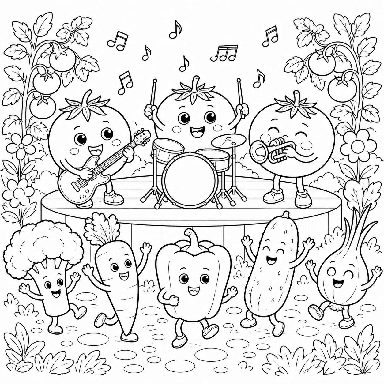 Banda de tomates tocando instrumentos para colorir