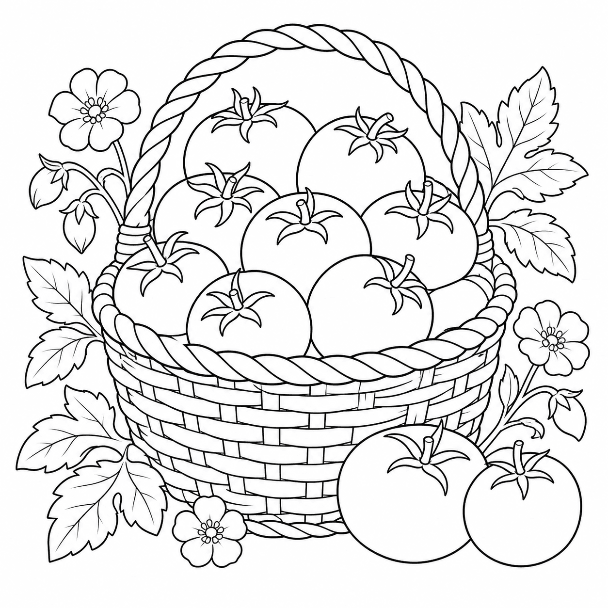 Cesta cheia de tomates para colorir