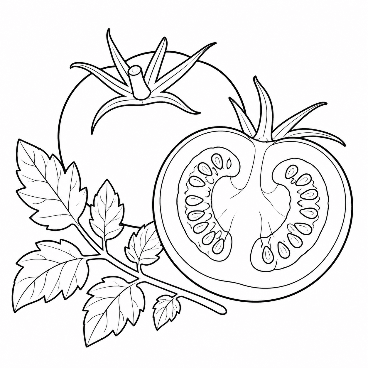 Tomate inteiro e cortado com sementes para colorir