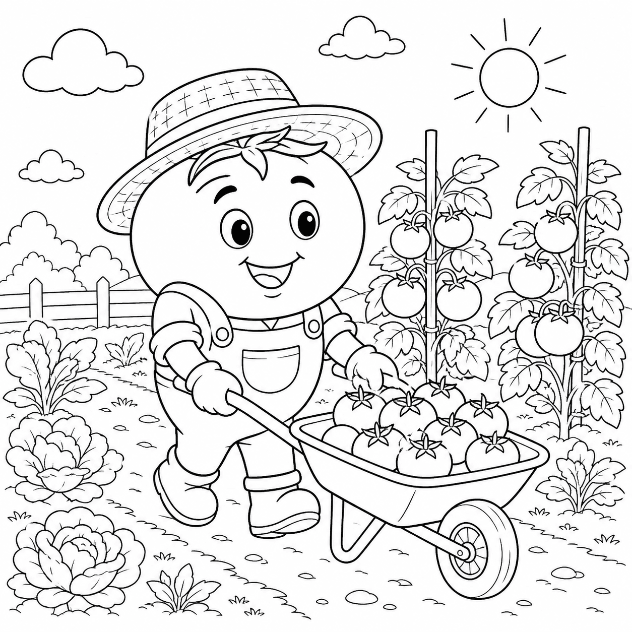 Tomate fazendeiro com carrinho para colorir