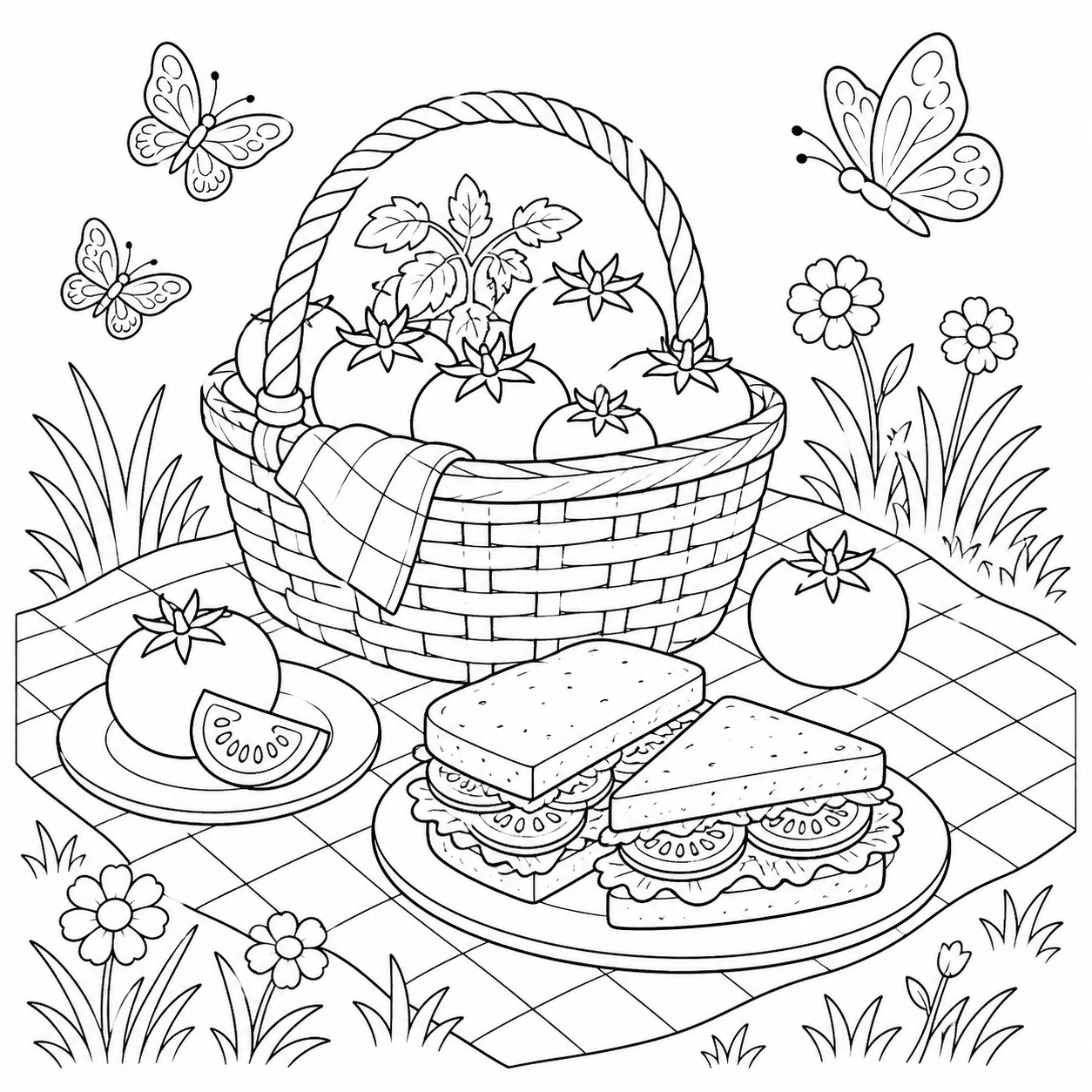 Piquenique com tomates e sanduíches para colorir