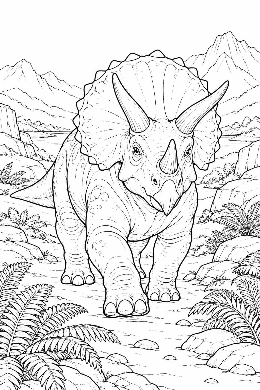 Tricerátops no vale de samambaias para colorir