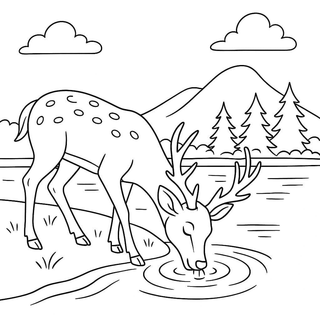 Veado bebendo água no lago para colorir