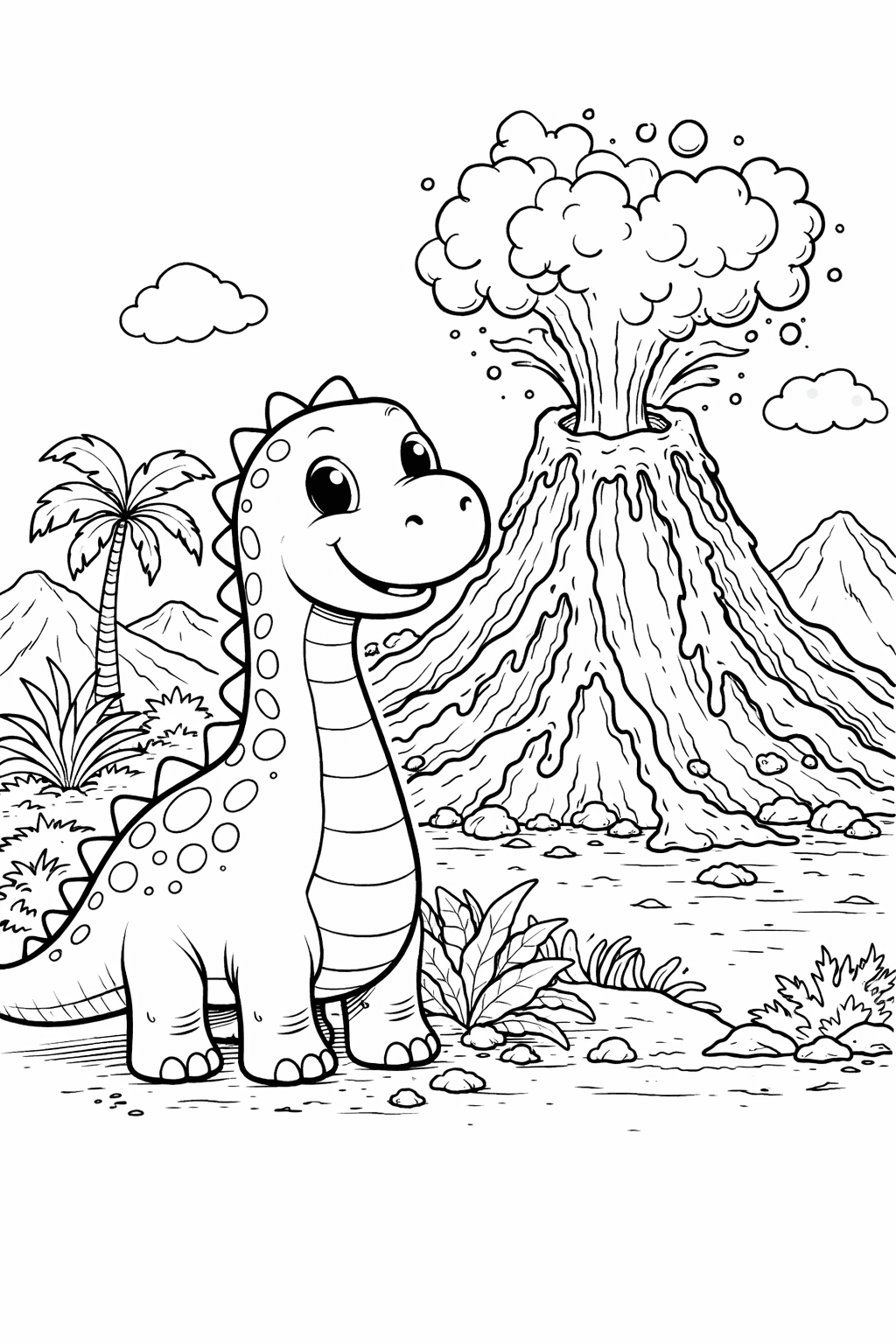Vulcão e dinossauro para colorir