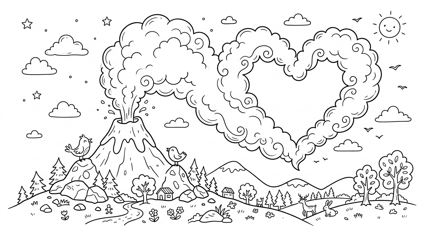Vulcão com fumaça em formato de coração para colorir