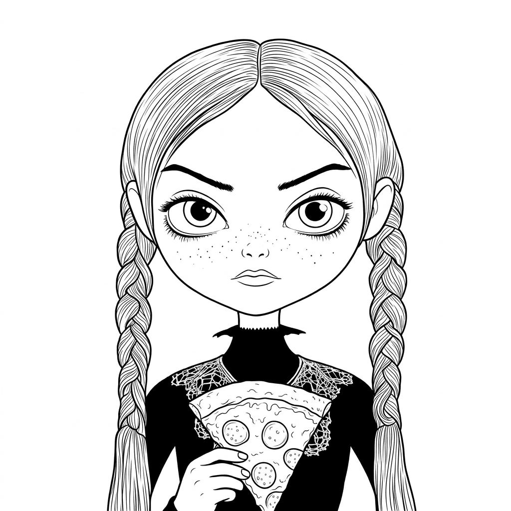 Wandinha comendo pizza para colorir