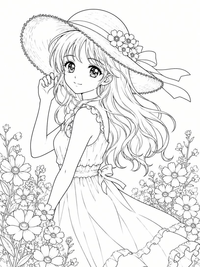 Menina anime campo florido para colorir para colorir