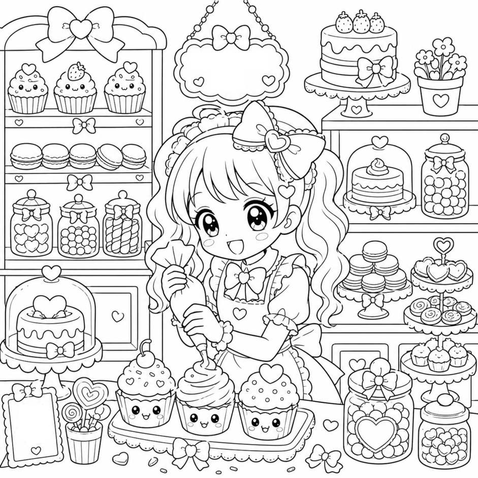 Menina anime kawaii confeitaria para colorir para colorir