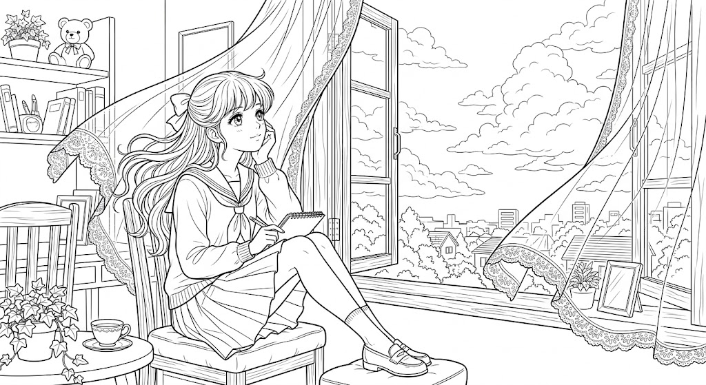 Menina anime na janela para colorir para colorir