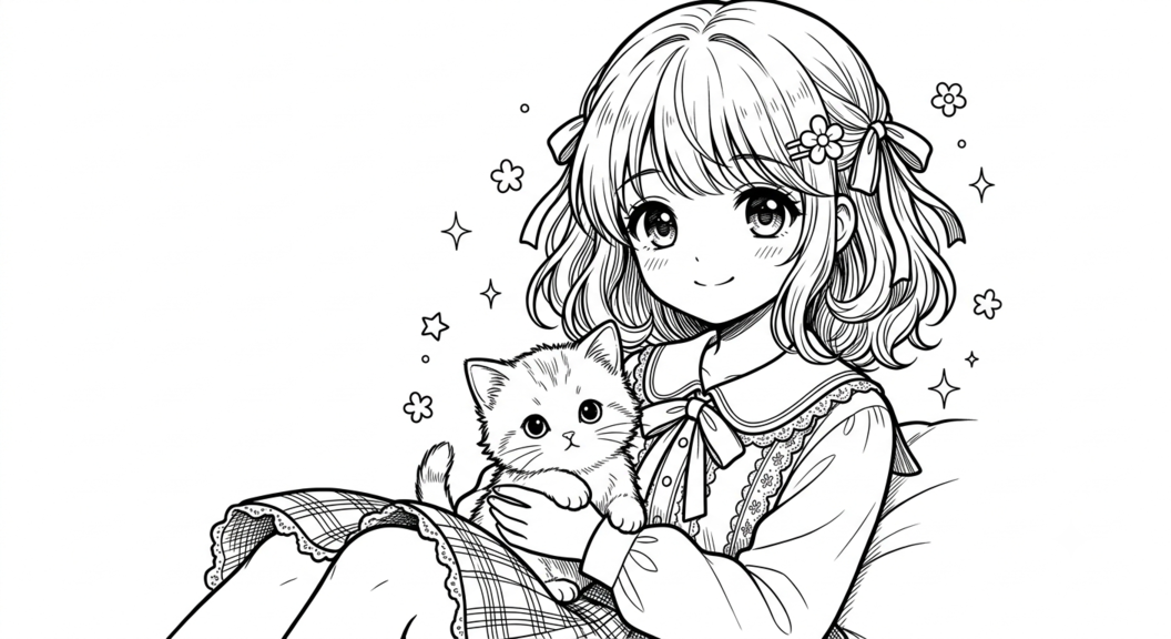Menina e gatinho anime kawaii para colorir para colorir