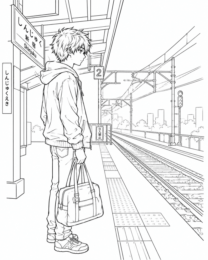 Menino anime estacao de trem para colorir para colorir