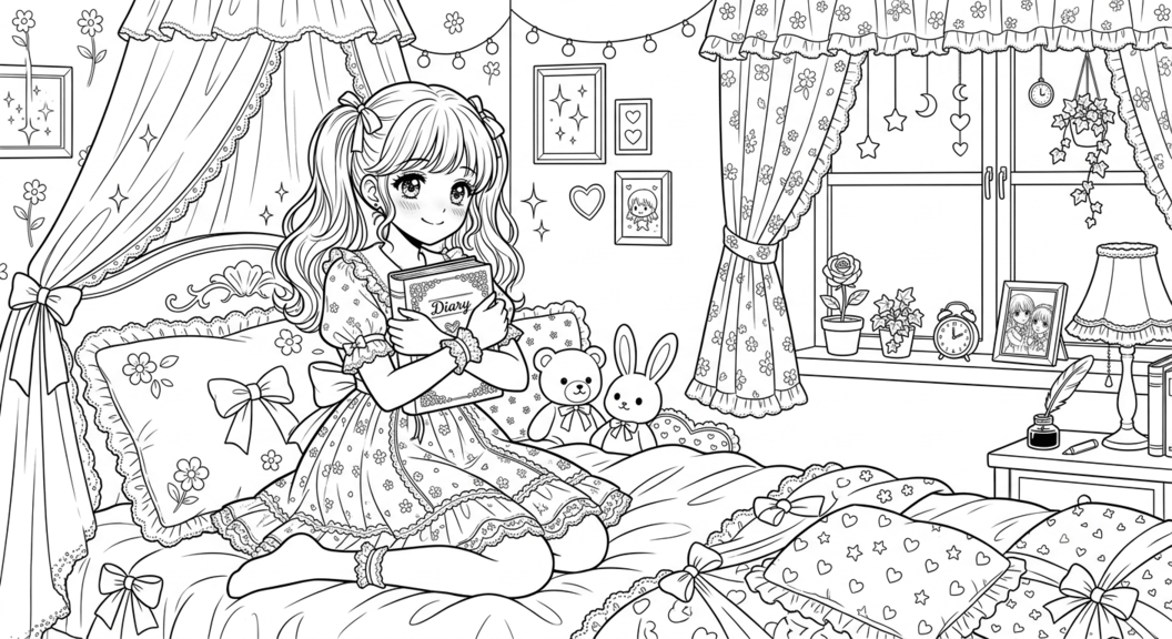 Quarto menina anime para colorir para colorir