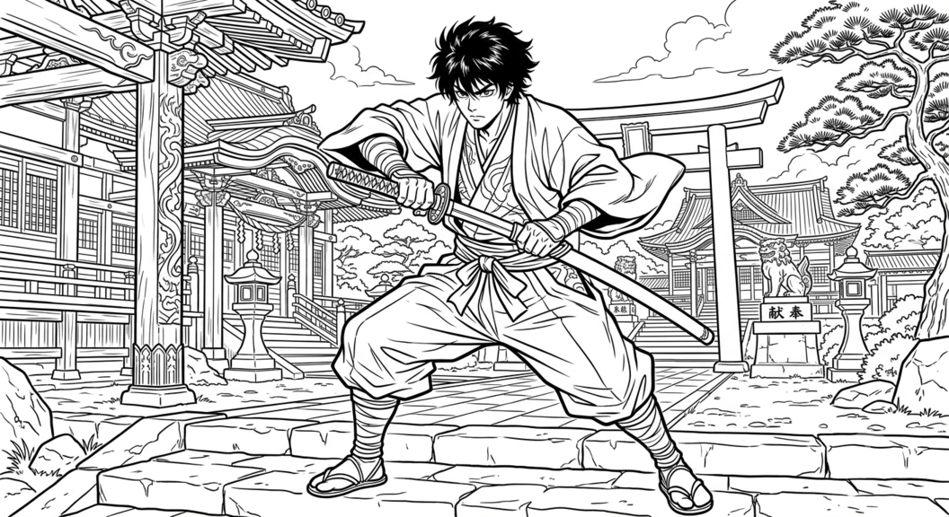 Samurai anime detalhado para colorir para colorir