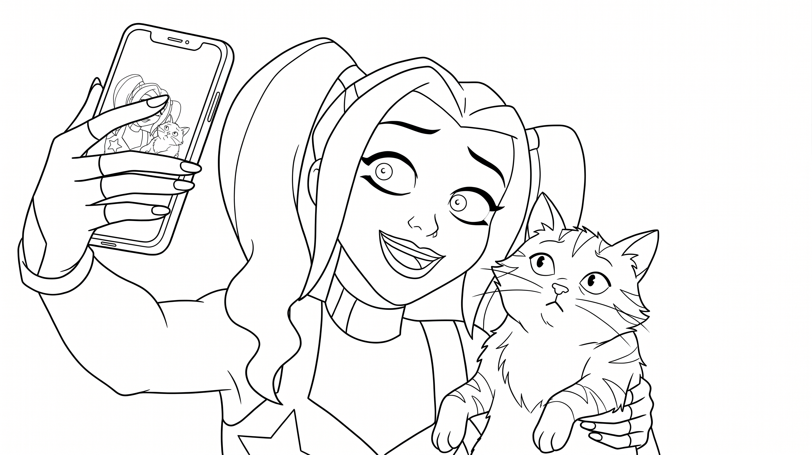 Arlequina selfie com gato para colorir para colorir