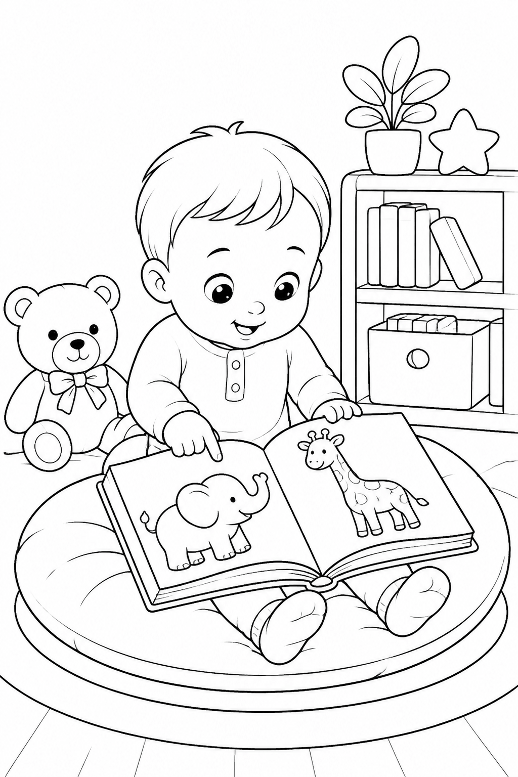 Bebe lendo livro para colorir para colorir