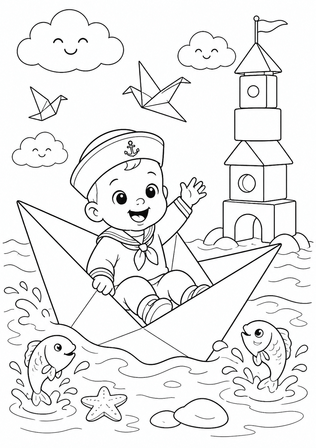 Bebe no barco de papel para colorir para colorir