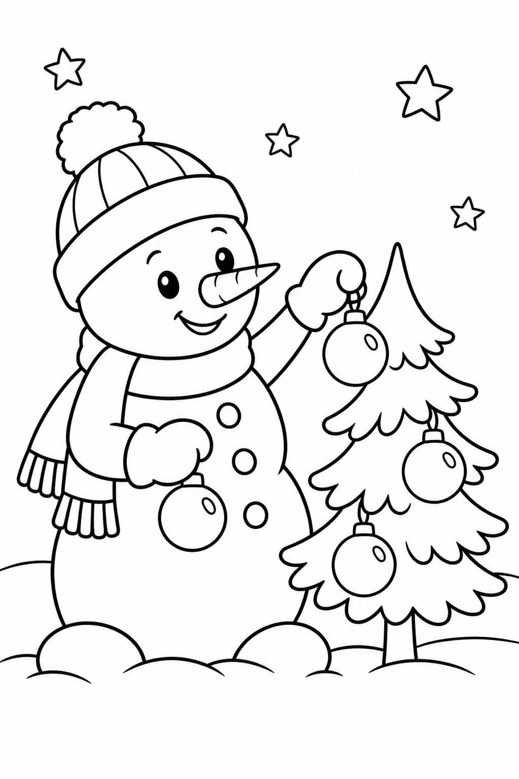 Boneco de neve decorando arvore de natal para colorir para colorir