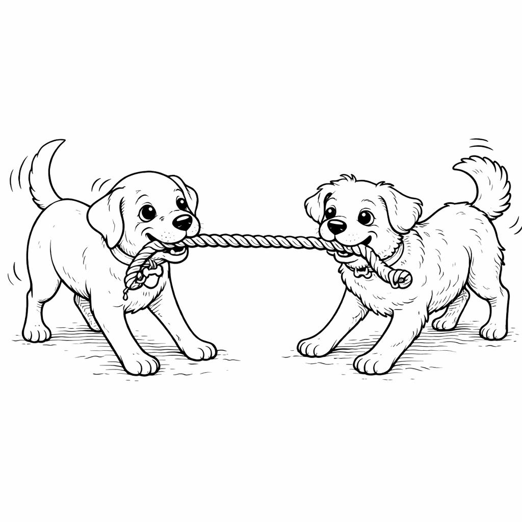 Cachorros brincando cabo de guerra para colorir para colorir