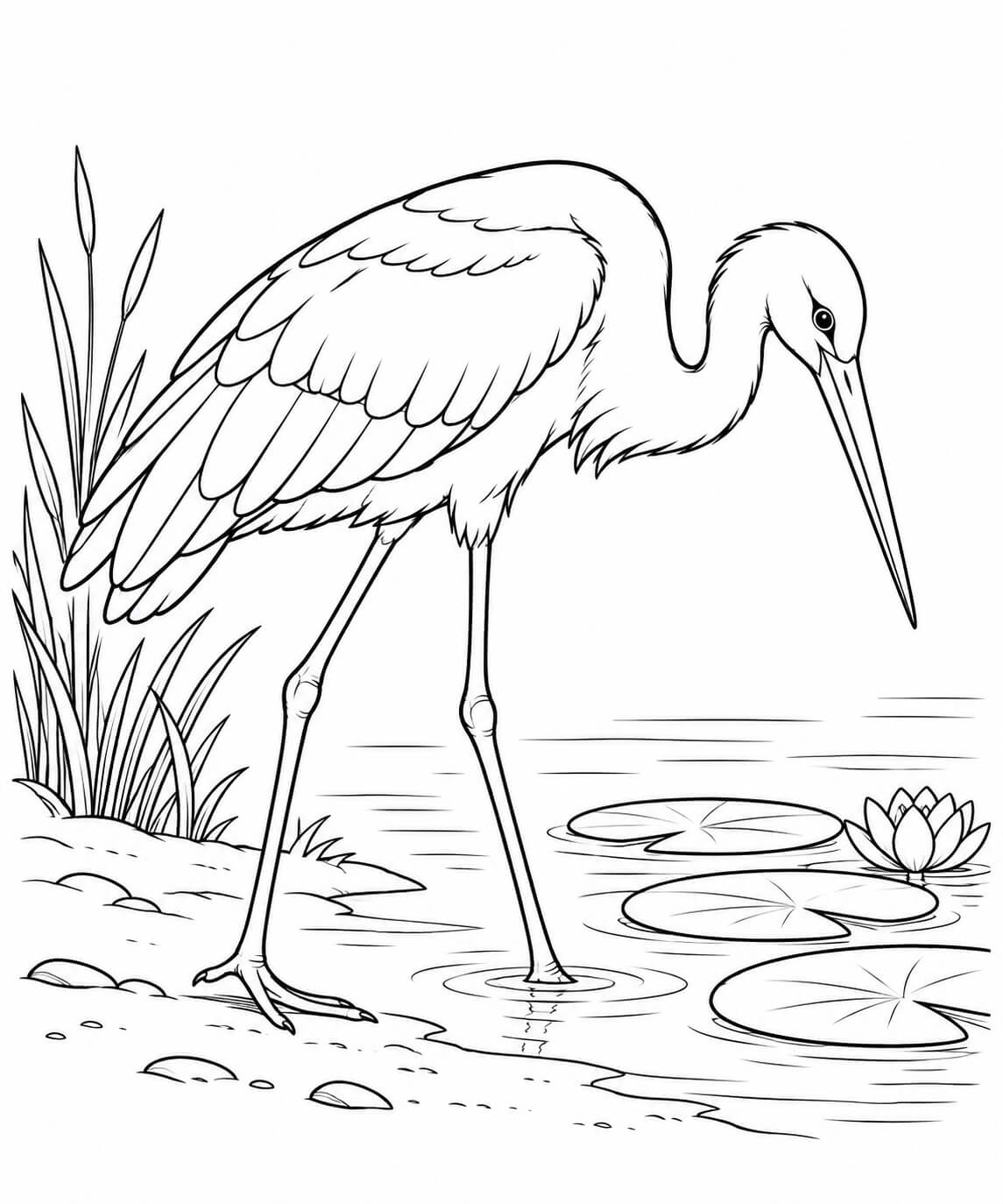 Cegonha realista no lago para colorir para colorir