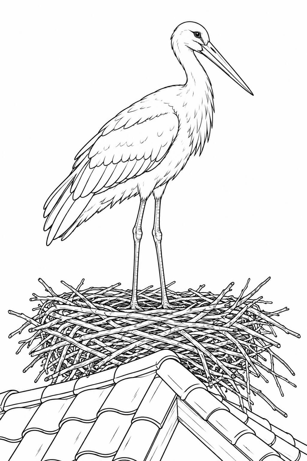 Cegonha realista no telhado para colorir para colorir
