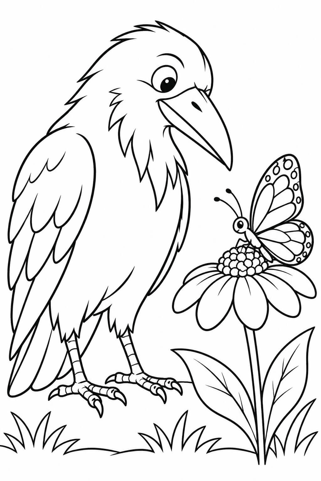 Corvo com borboleta para colorir para colorir