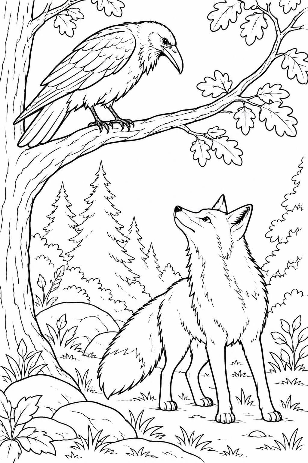 Corvo e raposa para colorir para colorir