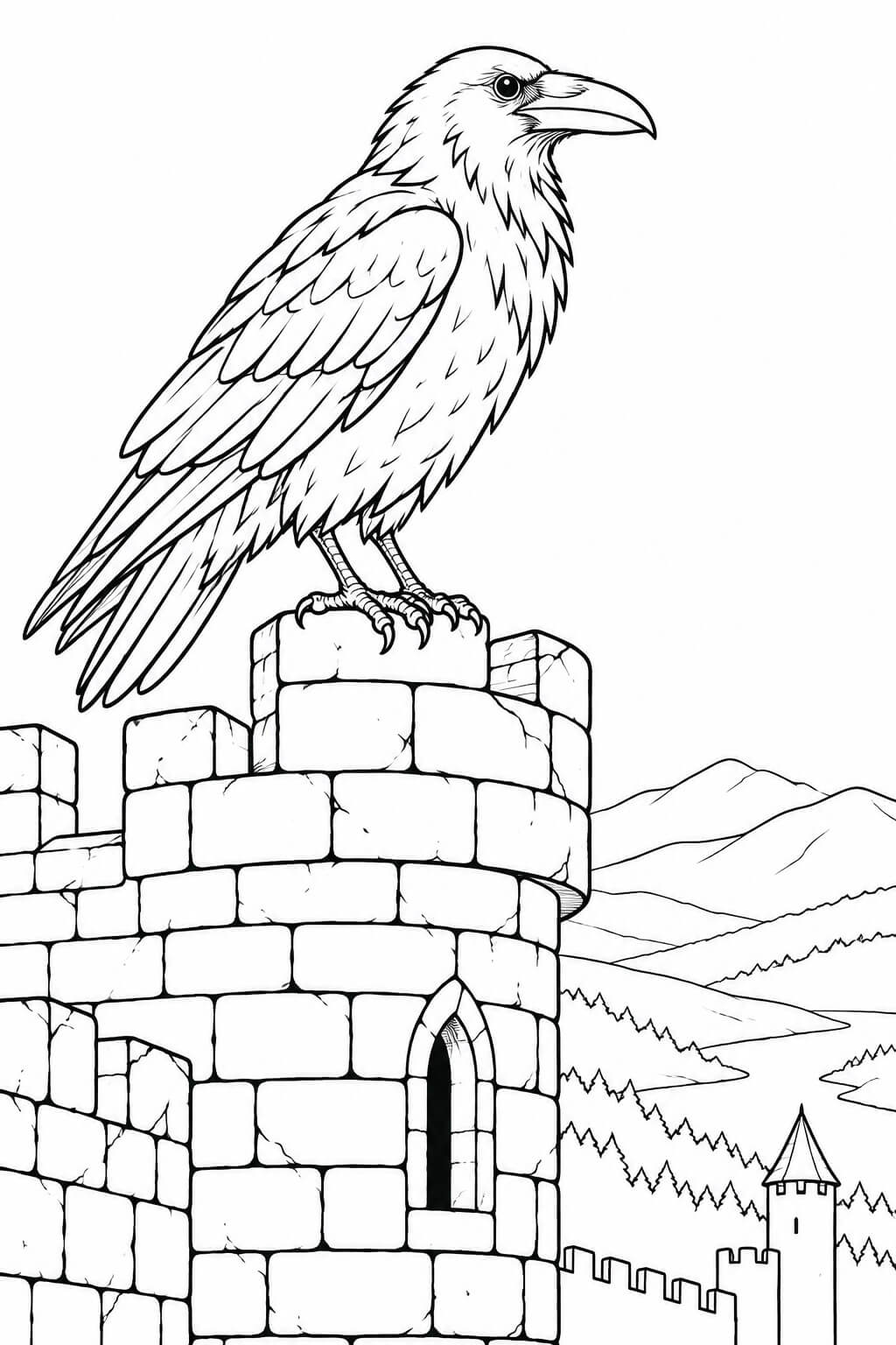 Corvo na torre do castelo para colorir para colorir