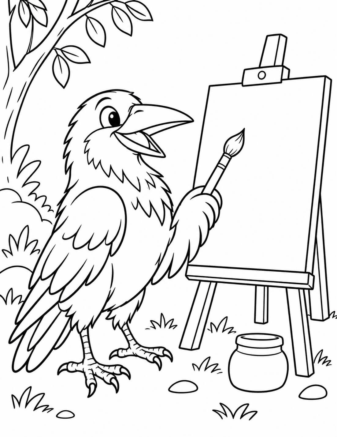 Corvo pintando um quadro para colorir para colorir