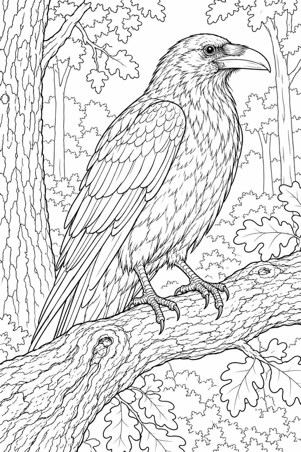 Corvo realista na floresta para colorir para colorir