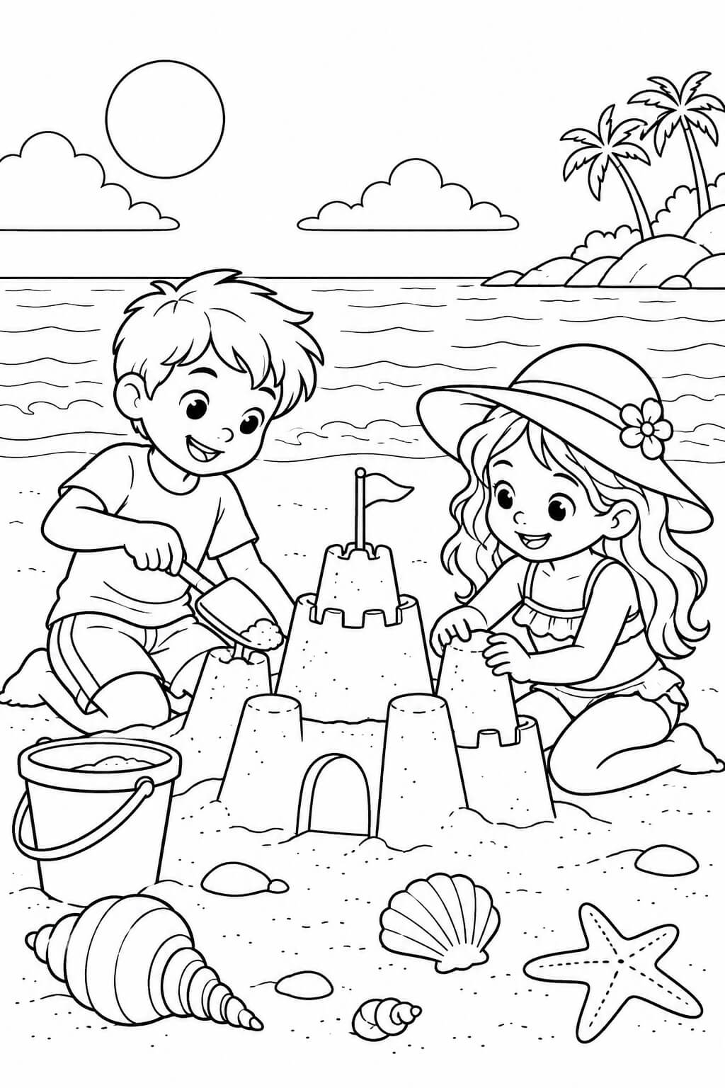 Criancas no castelo de areia para colorir para colorir