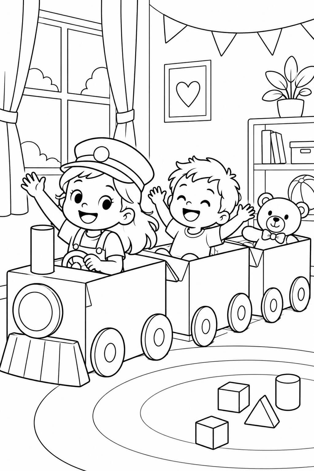 Criancas no trem de caixas para colorir para colorir