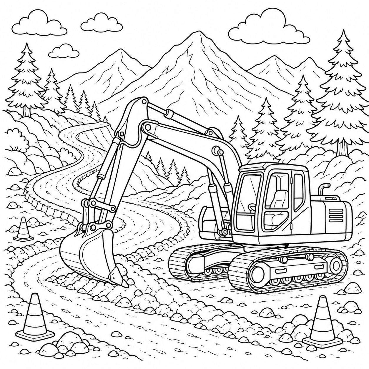 Escavadeira construindo estrada para colorir para colorir
