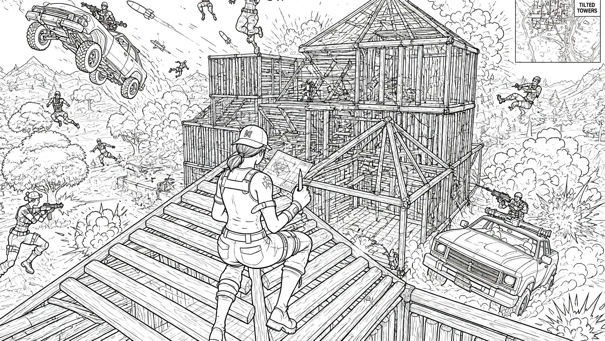 Fortnite batalha com construcoes de madeira para colorir para colorir