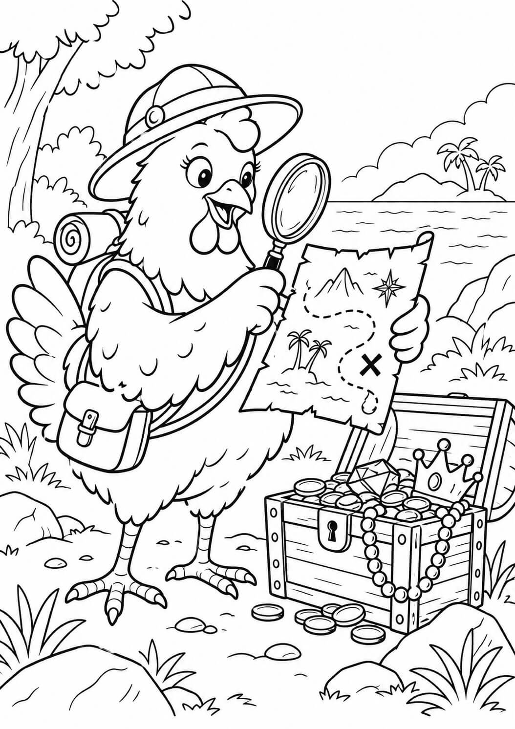 Galinha cacando tesouro para colorir para colorir
