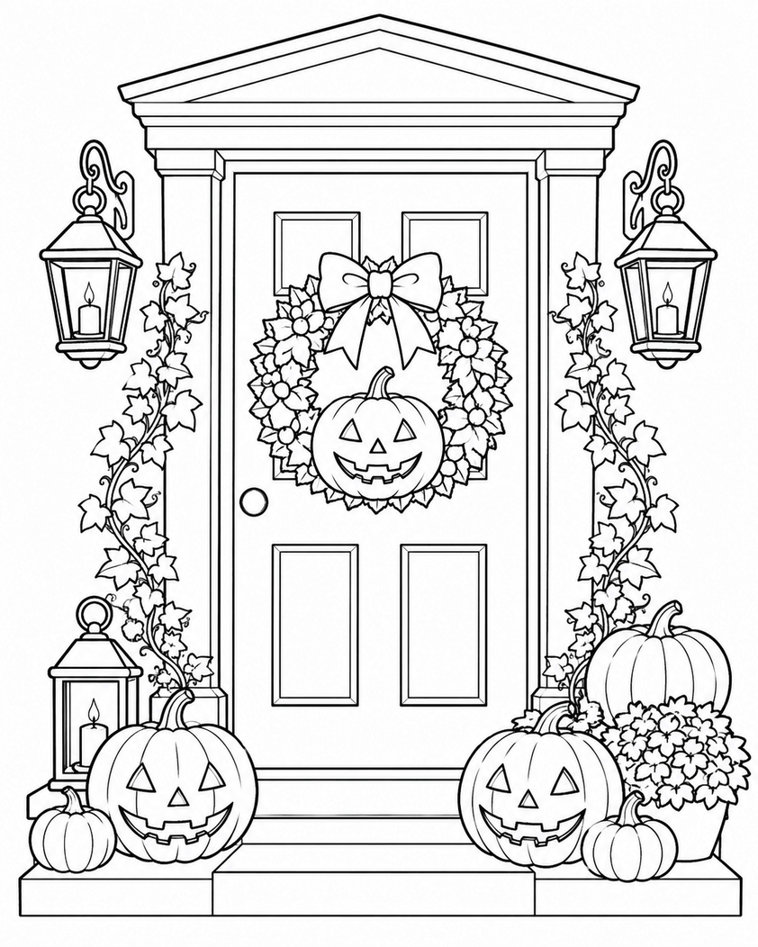 Halloween porta casa enfeitada para colorir para colorir
