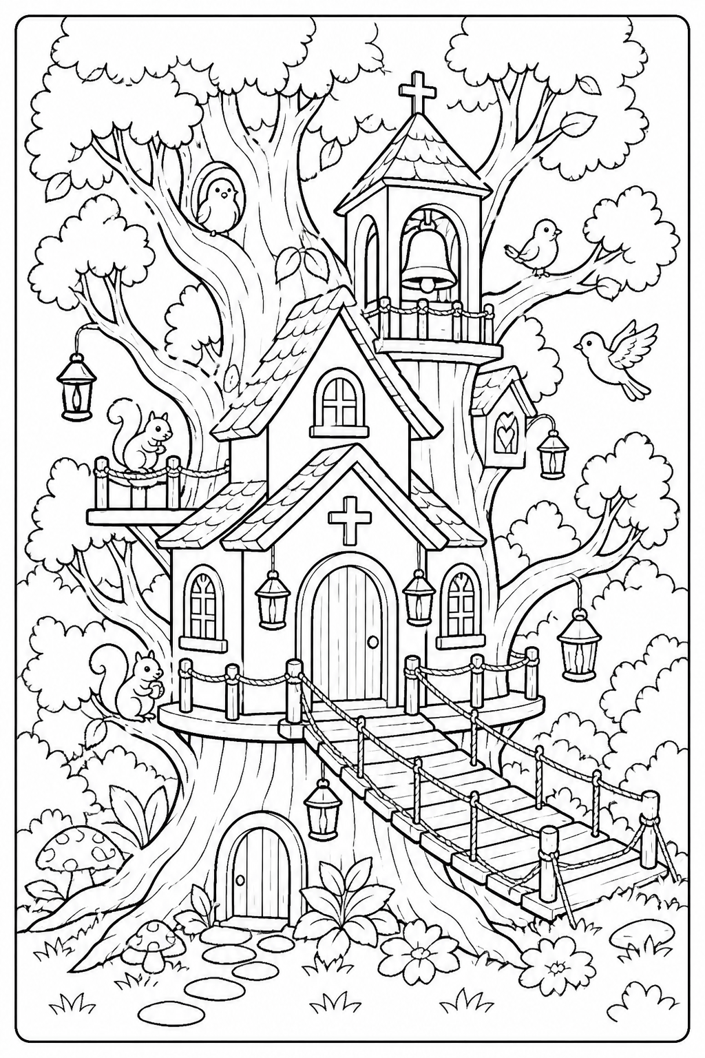 Igreja casa na arvore para colorir para colorir