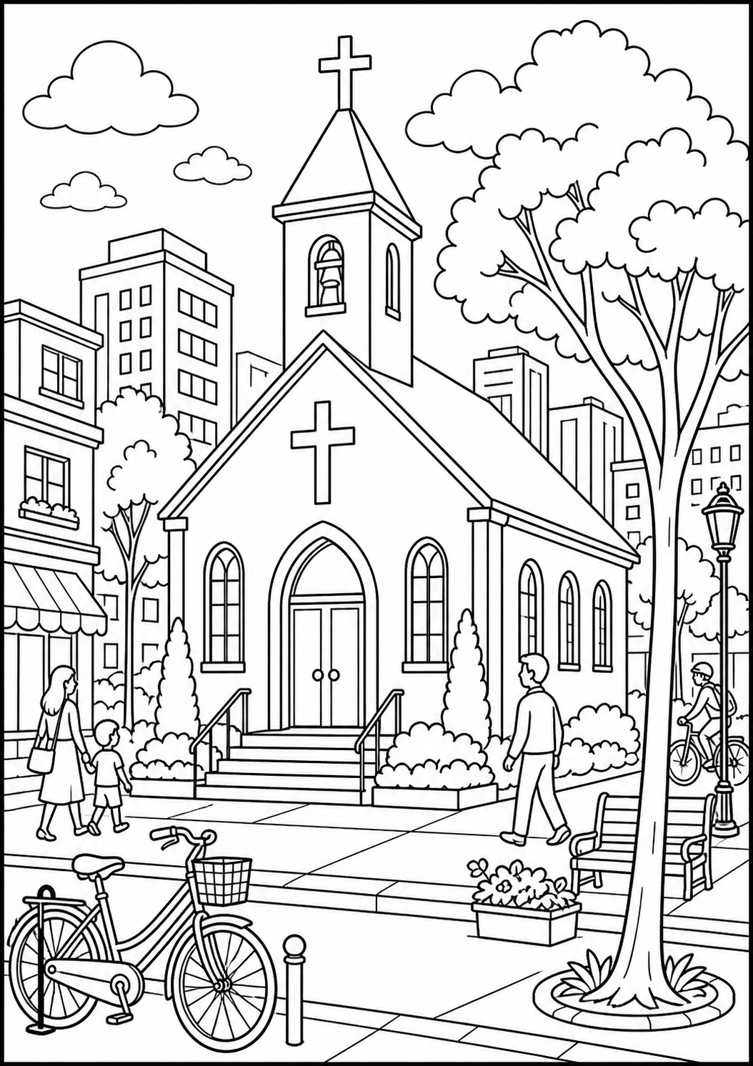 Igreja na cidade para colorir para colorir