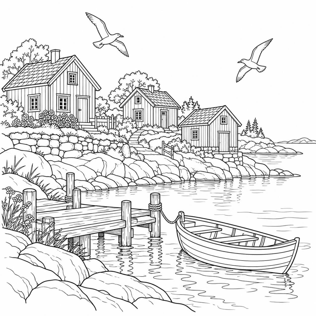 Ilha com vila de pescadores para colorir para colorir