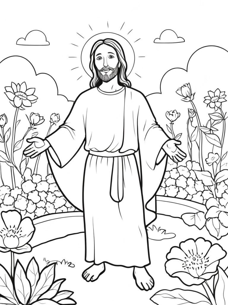 Jesus em um jardim florido para colorir para colorir