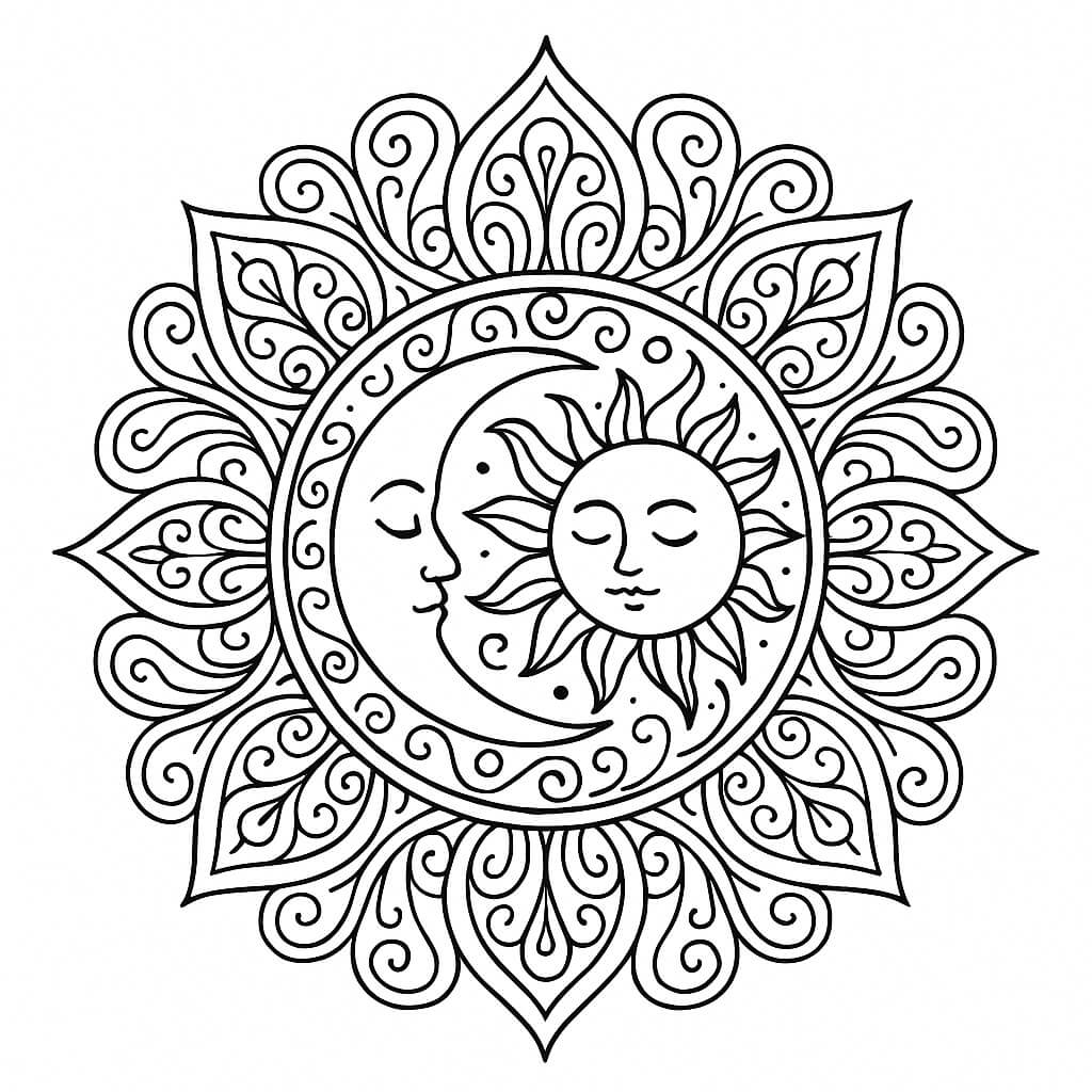 Mandala sol e lua para colorir para colorir