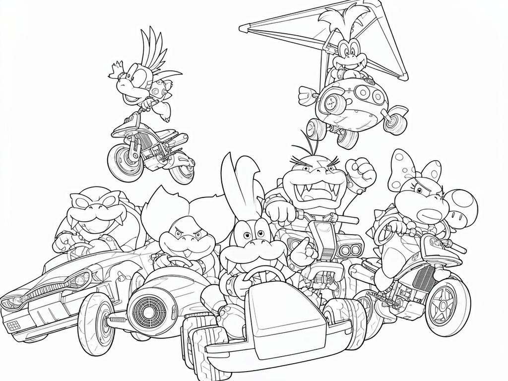 Koopalings nos veiculos de corrida para colorir para colorir