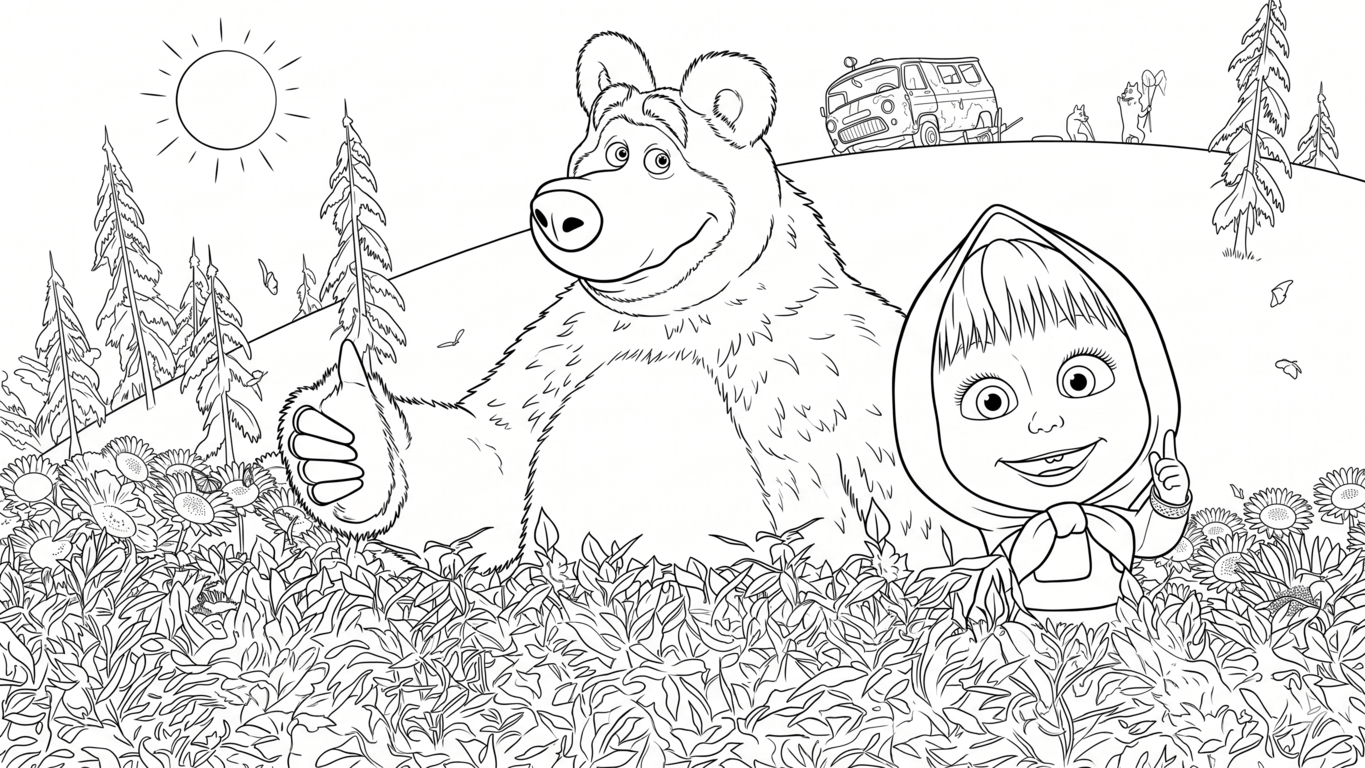 Masha e o urso no quintal para colorir para colorir